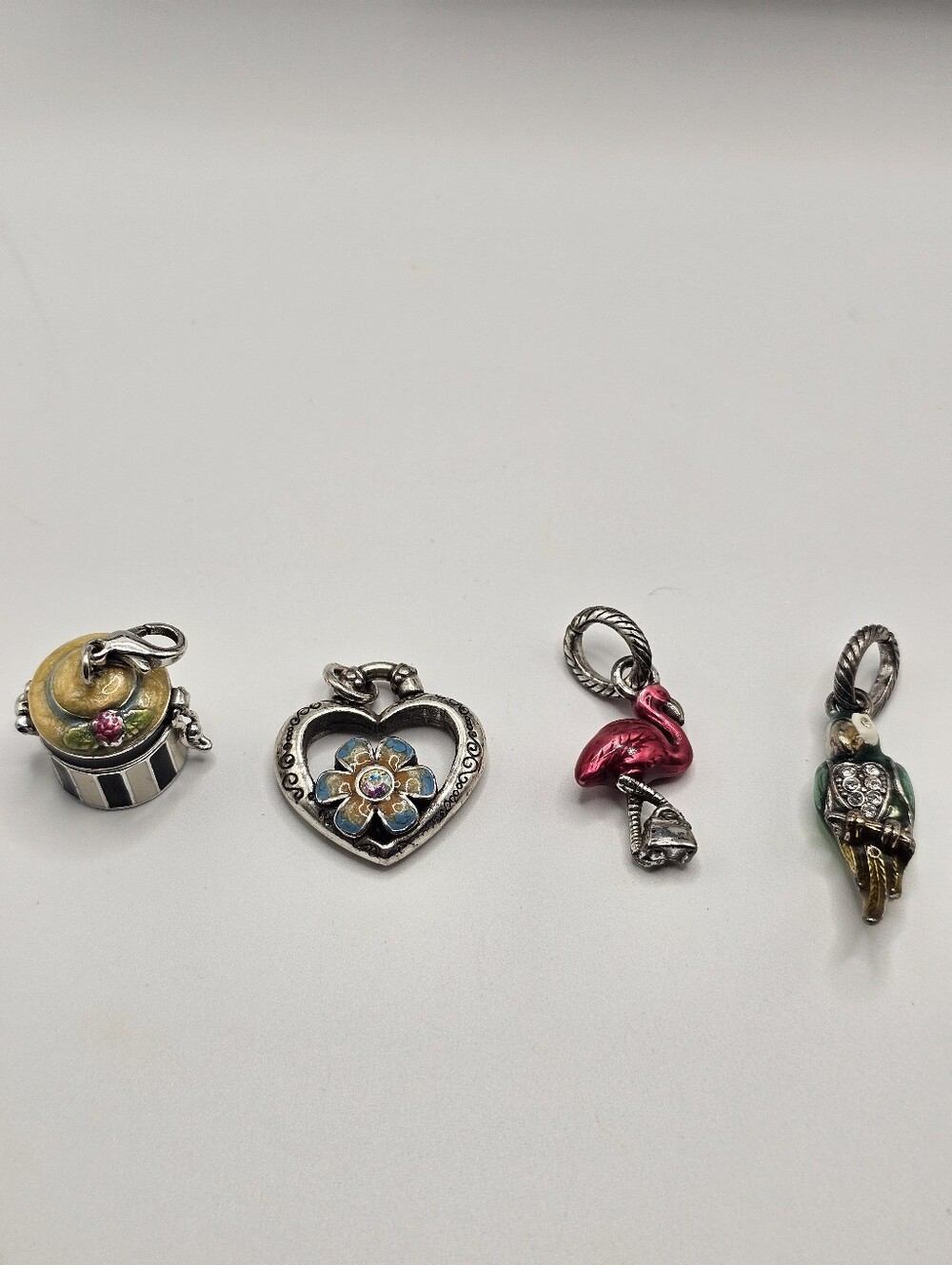 Brighton Charms, Heart, Bird, Flamigo,hat Box. Good Used Condition.
